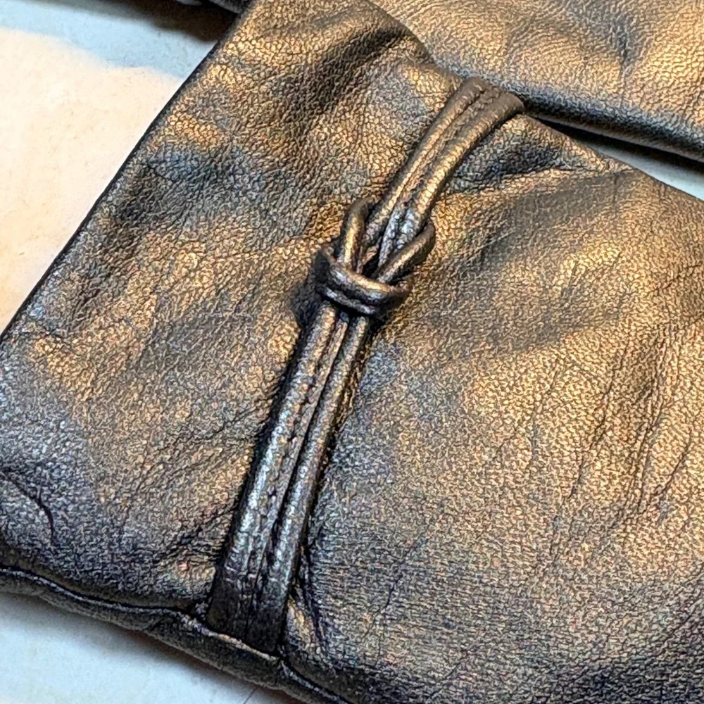 Women's Gold Genuine Leather Gloves Knotted Wrist Detail Size 8 Winter‎ Lined